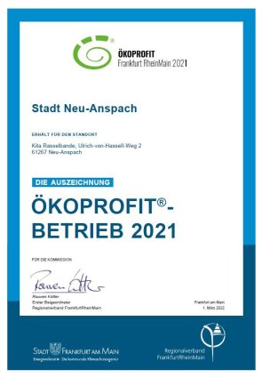 Auszeichnung Ökoprofit-Betrieb 2021 für die Kita Rasselbande Auszeichnung Ökoprofit-Betrieb 2021 für die Kita Rasselbande