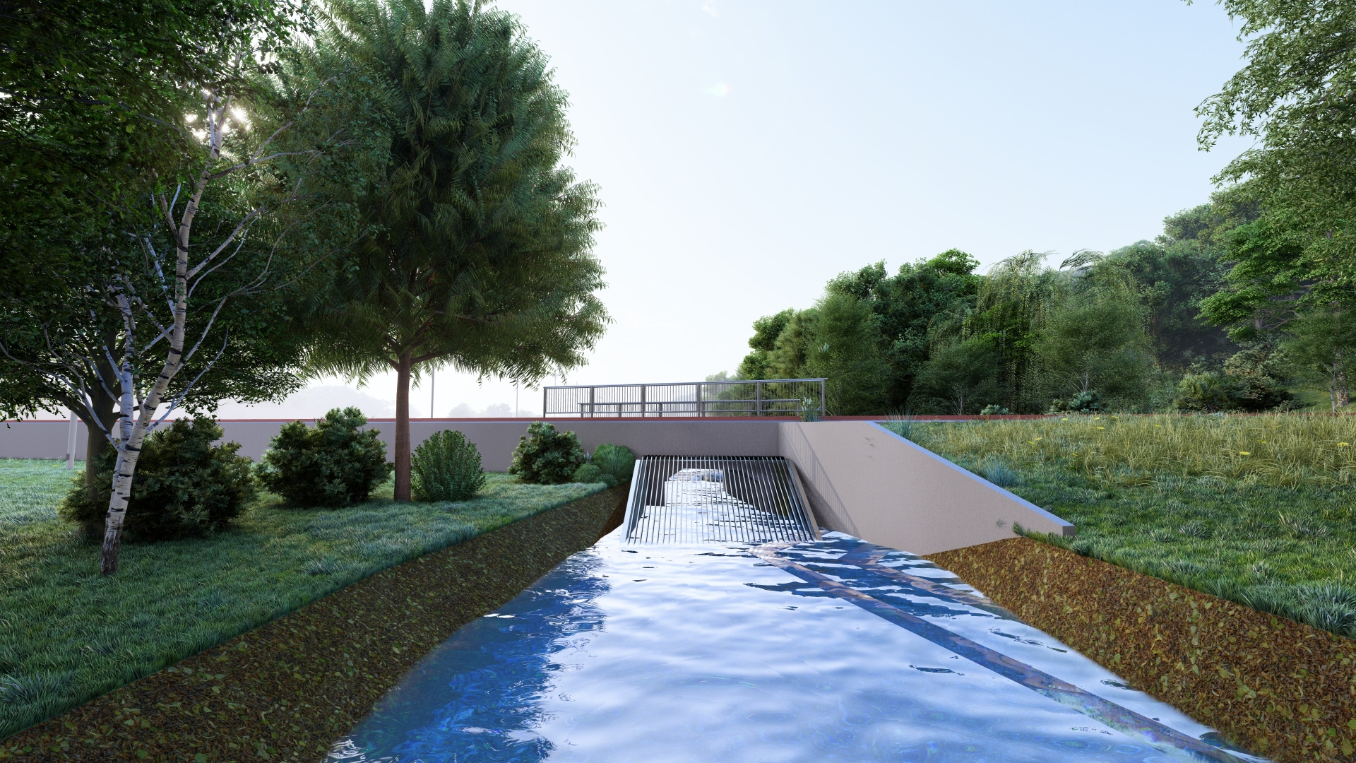 3D-Darstellung Hochwasserschutz Westerfeld mit dem künftigen Schutzdamm und Durchlassbauwerk 