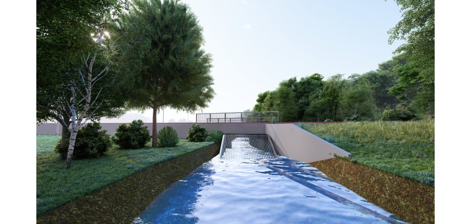 3D-Darstellung Hochwasserschutz Westerfeld mit dem künftigen Schutzdamm und Durchlassbauwerk 3D-Darstellung Hochwasserschutz Westerfeld mit dem künftigen Schutzdamm und Durchlassbauwerk